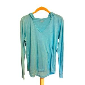 Calvin Klein Women’s Teal Burnout Hooded Long Sleeve T-Shirt Size L Large VNeck